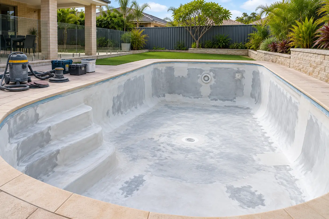 Drained Perth swimming pool prepared for resurfacing and repairs